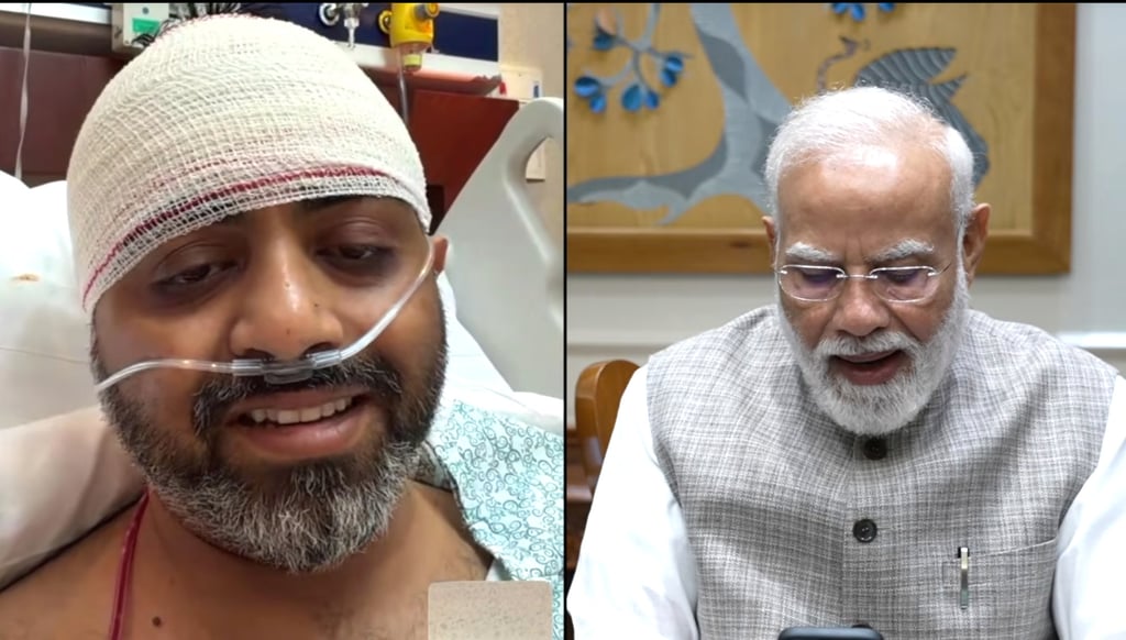 A screengrab from Indian Prime Minister Narendra Modi’s YouTube Channel shows Modi speaking with Flydubai pilot Captain Smit Machchhar on Friday. Photo: via AP A screengrab from Indian Prime Minister Narendra Modi’s YouTube Channel shows Modi speaking with Flydubai pilot Captain Smit Machchhar on Friday. Photo: via AP