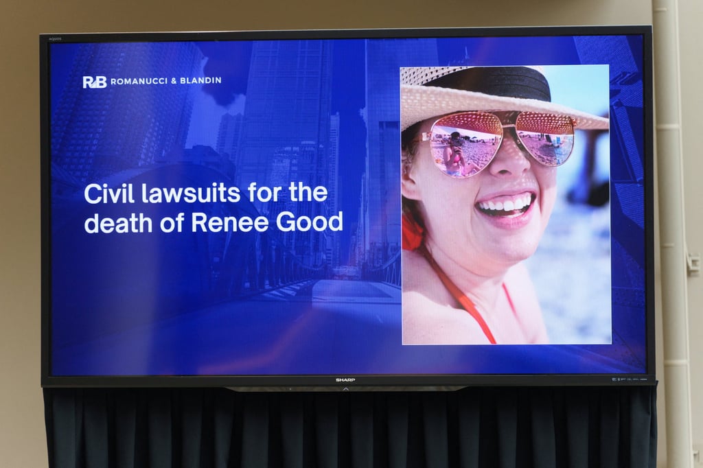 A television displays a picture of Renee Good during a press conference in Minneapolis, Minnesota, on Thursday. Photo: Reuters