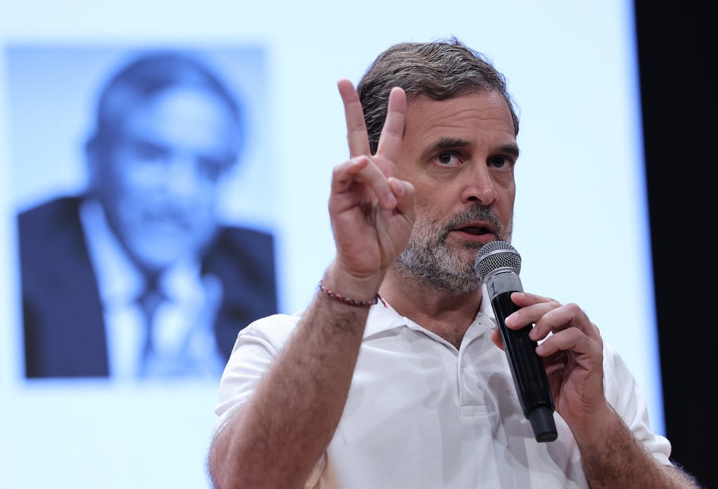 Leader of the opposition and Indian National Congress Rahul Gandhi speaks during a press conference at the party’s headquarters in New Delhi last month. Photo: EPA Leader of the opposition and Indian National Congress Rahul Gandhi speaks during a press conference at the party’s headquarters in New Delhi last month. Photo: EPA
