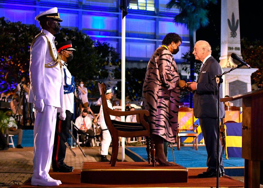 Charles, who was then Prince of Wales, receives the Order of Freedom of Barbados from President Sandra Mason during the ceremony to declare Barbados a republic in November 2021. Photo: AFP Charles, who was then Prince of Wales, receives the Order of Freedom of Barbados from President Sandra Mason during the ceremony to declare Barbados a republic in November 2021. Photo: AFP