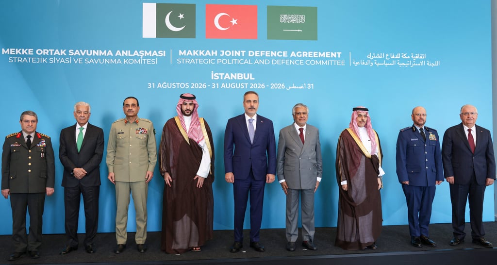 Ministers and top military officers from Pakistan, Turkey and Saudi Arabia pose before the first committee meeting under the Mecca Defence Alliance in Istanbul in August. Photo: Reuters Ministers and top military officers from Pakistan, Turkey and Saudi Arabia pose before the first committee meeting under the Mecca Defence Alliance in Istanbul in August. Photo: Reuters