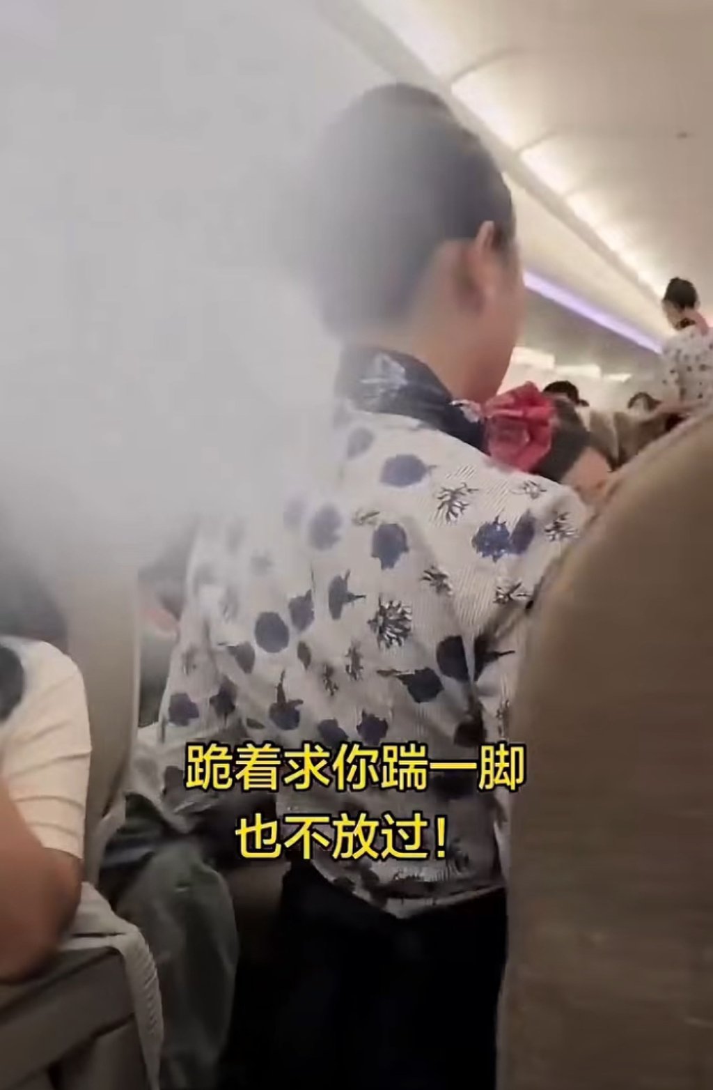Footage of the incident circulating online shows the flight attendant kneeling in the aisle to apologise for accidentally bumping the passenger’s elbow with a service trolley. Photo: Handout