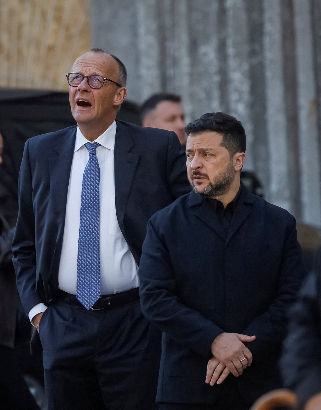 Ukraine’s President Volodymyr Zelensky and German Chancellor Friedrich Merz visit the site of an administrative building of Ukraine’s National Academy of Sciences hit during recent Russian drone strikes, in Kyiv on Sunday. Photo: Reuters Ukraine’s President Volodymyr Zelensky and German Chancellor Friedrich Merz visit the site of an administrative building of Ukraine’s National Academy of Sciences hit during recent Russian drone strikes, in Kyiv on Sunday. Photo: Reuters