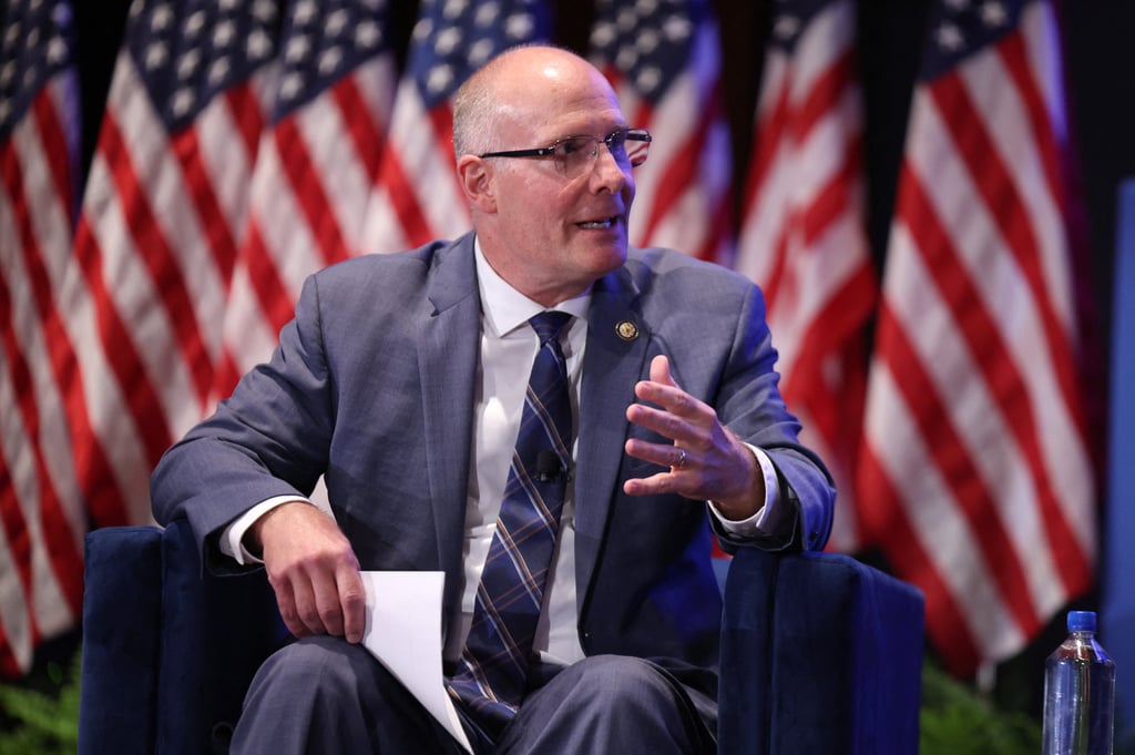 Michigan Republican John Moolenaar, chairman of the House select committee on China, speaks during The Hill & Valley Forum at the US Capitol Visitor Centre in Washington on April 30, 2025. Photo: Getty Images