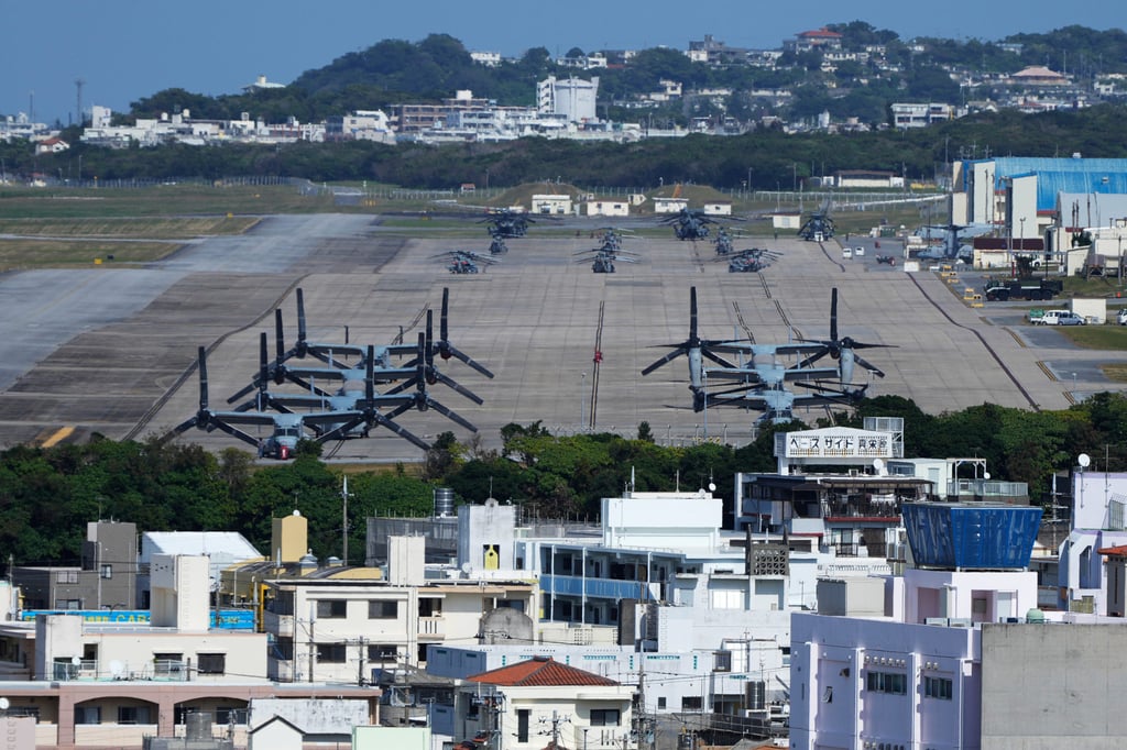 US MV-22 Osprey transport aircraft parked at the US Marine Corps Air Station Futenma in Ginowan, Okinawa. Photo: AP