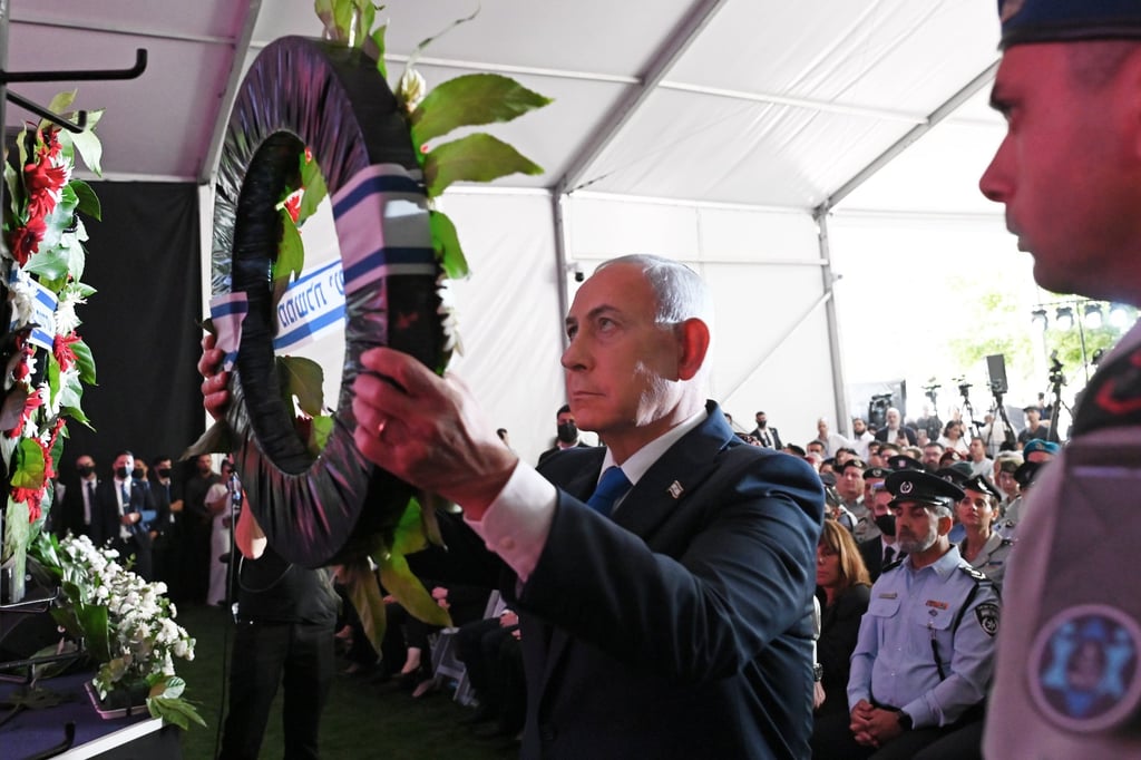 Israeli Prime Minister Benjamin Netanyahu lays a wreath during a state memorial ceremony at Mount Herzl in Jerusalem, on Monday, marking three years since the October 7, 2023 Hamas attack. Photo: EPA