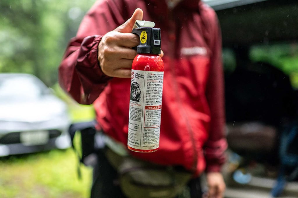 A wild bear expert shows a can of bear spray that she carries for safety while entering forests in Ina, Nagano prefecture. Photo: AFP