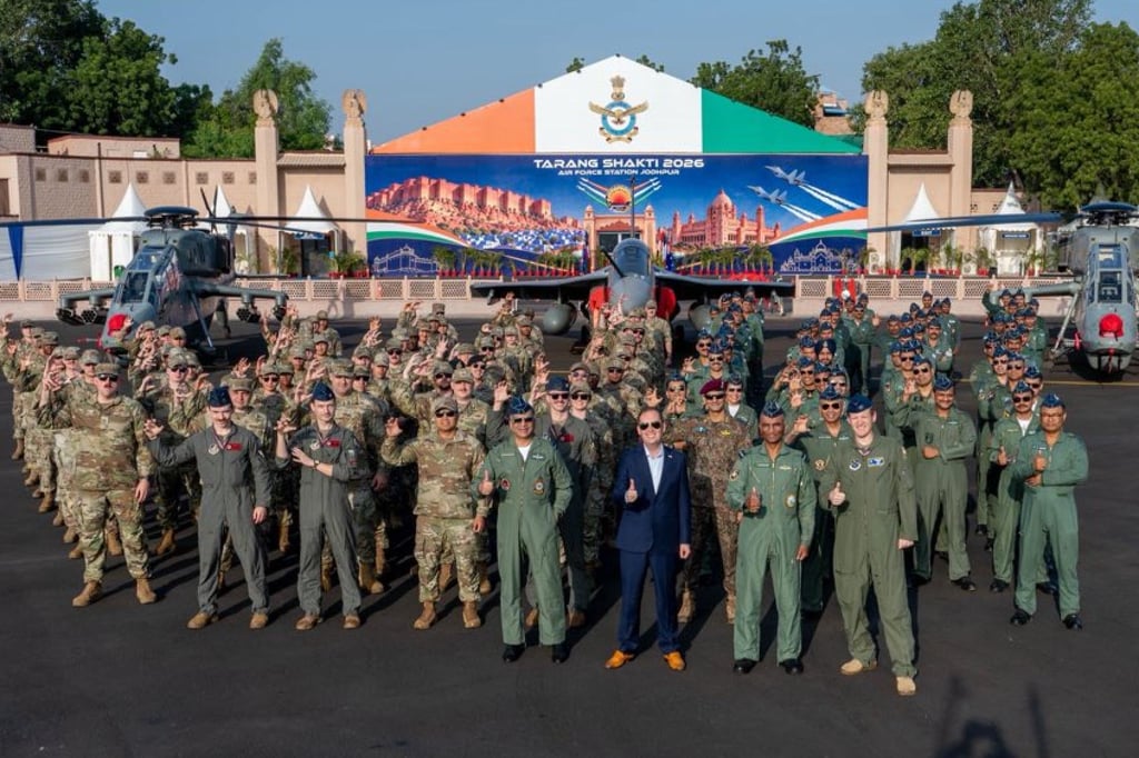 US and Indian air force personnel are seen at Exercise Tarang Shakti 2026 in a group photo with US Ambassador to India Sergio Gor. Photo: X/USAmbIndia