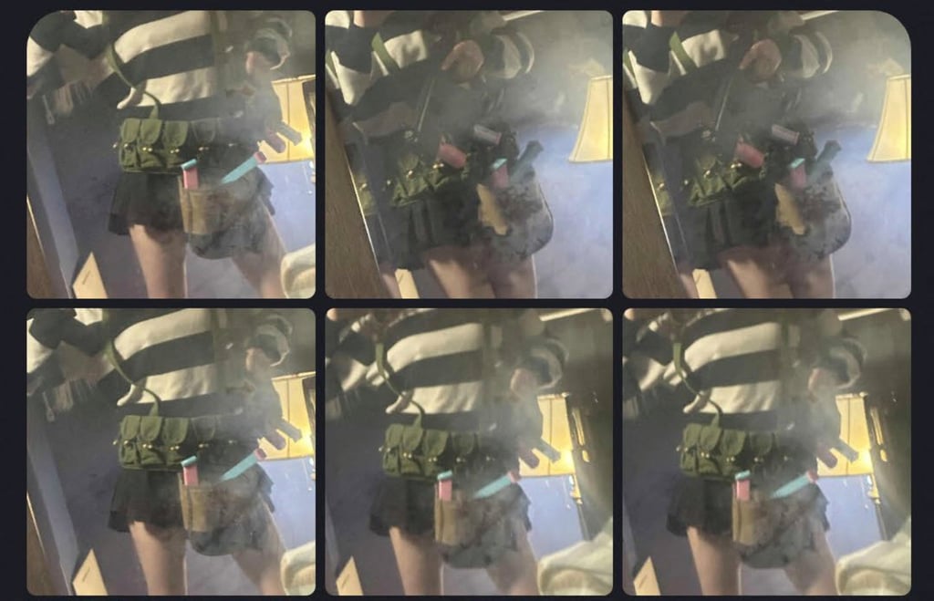 Items such as ammunition pouches are modelled by Jesse Van Rootselaar in photographs sent to James Cody Bryant. Photo: US Department of Justice via Reuters