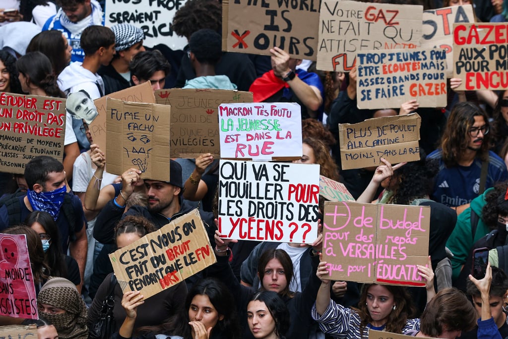 Protesters march during a demonstration by French high school students in Marseille on Thursday. Photo: Reuters Protesters march during a demonstration by French high school students in Marseille on Thursday. Photo: Reuters