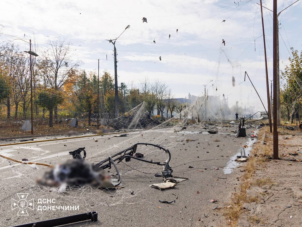 Parts of two buses struck by projectiles in Kramatorsk, near the front line in eastern Ukraine, on Thursday. Photo: Ukrainian State Emergency Service / AFP Parts of two buses struck by projectiles in Kramatorsk, near the front line in eastern Ukraine, on Thursday. Photo: Ukrainian State Emergency Service / AFP