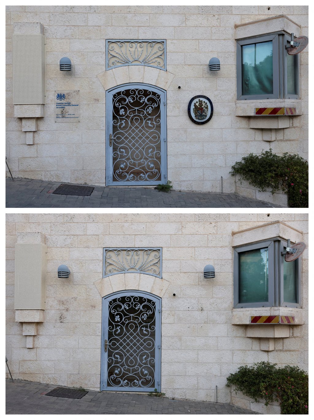 The British consulate in East Jerusalem on September 9 (top), and with signage removed on October 8 (below). Photo: Reuters