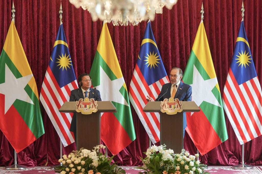 Min Aung Hlaing (left) and Anwar attend a joint press conference in Putrajaya on Thursday. Photo: AP Min Aung Hlaing (left) and Anwar attend a joint press conference in Putrajaya on Thursday. Photo: AP