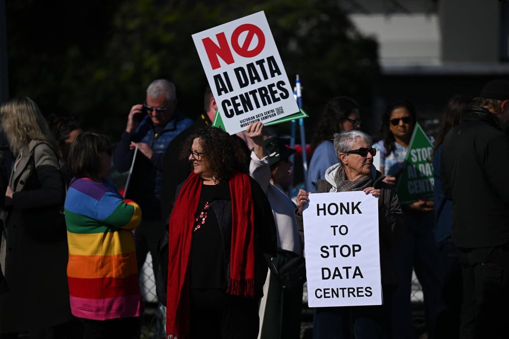 Protesters gather outside the Senate inquiry into data centre regulatory frameworks in Melbourne, Australia, on September 23. Photo: AAP/dpa Protesters gather outside the Senate inquiry into data centre regulatory frameworks in Melbourne, Australia, on September 23. Photo: AAP/dpa