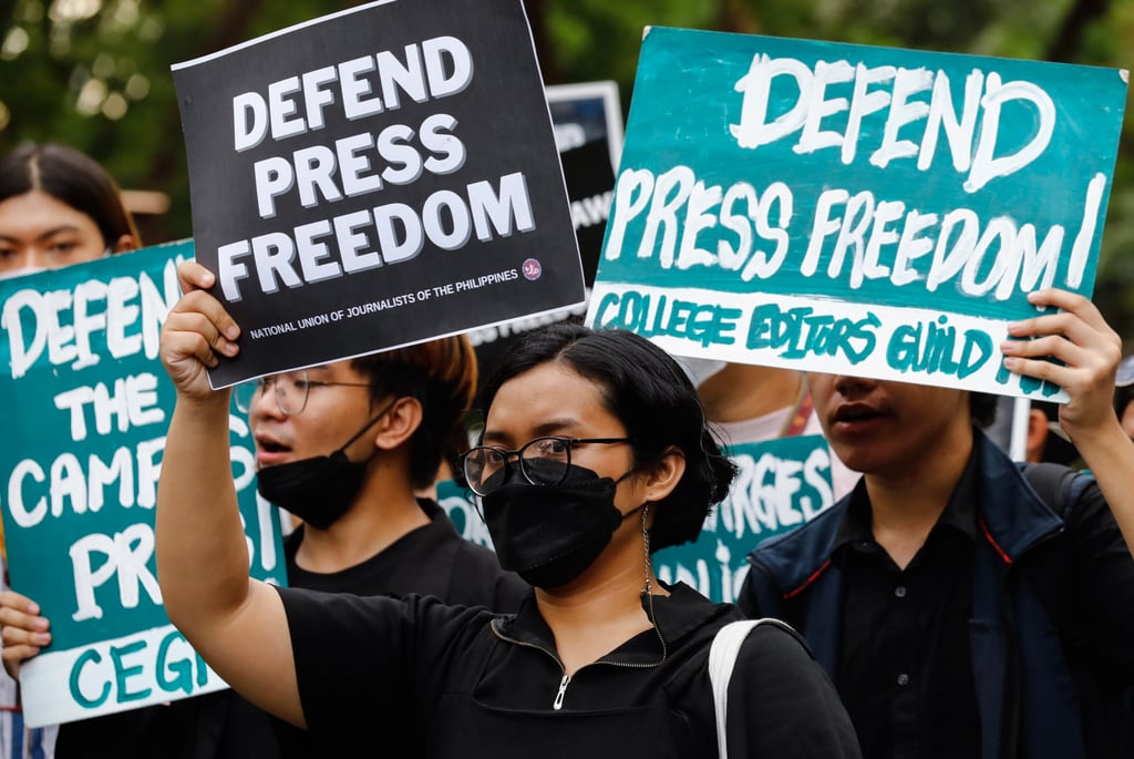 Media rights advocates rally on World Press Freedom Day at the University of the Philippines in Quezon City, Metro Manila, in May 2023. Photo: EPA Media rights advocates rally on World Press Freedom Day at the University of the Philippines in Quezon City, Metro Manila, in May 2023. Photo: EPA