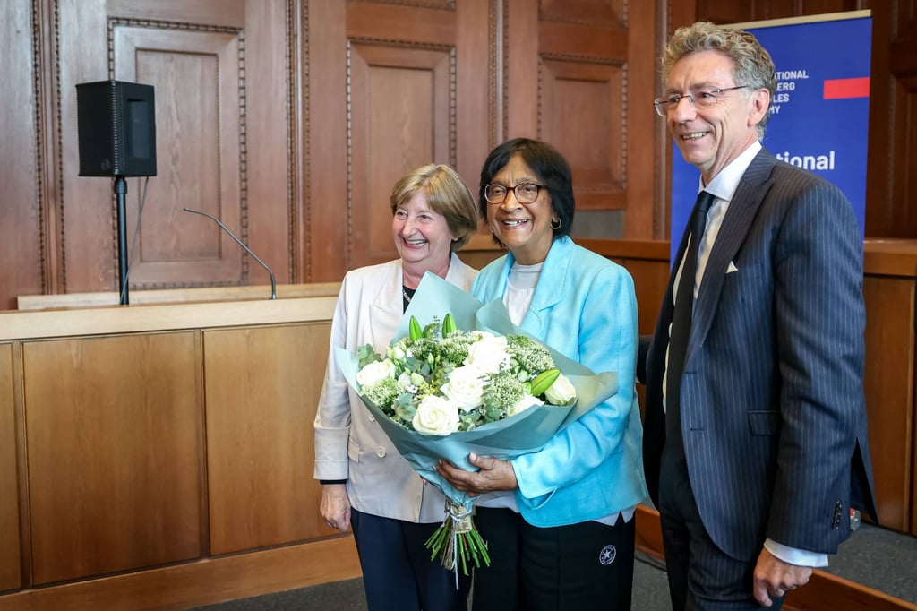 South African lawyer Navanethem “Navi” Pillay (middle) poses with ICC’s former president Silvia Fernandez de Gurmendi (left), and the director of the International Academy of the Nuremberg Principles Christoph Safferling at the Nuremberg Forum on Friday. Photo: dpa
