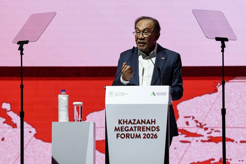 Malaysia’s Prime Minister Anwar Ibrahim speaks at the Khazanah Megatrends Forum 2026 on Monday. Photo: Bernama/dpa
