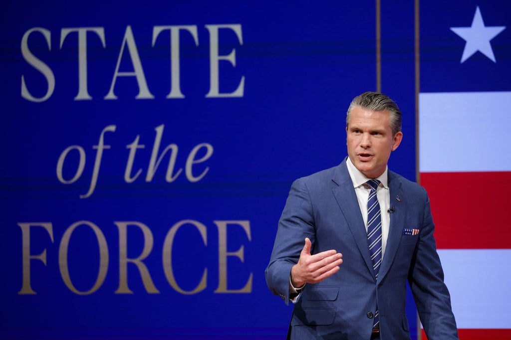 US Secretary of Defence Pete Hegseth speaks at Marine Corps Base Quantico, Virginia, on September 30. Photo: Getty Images/TNS
