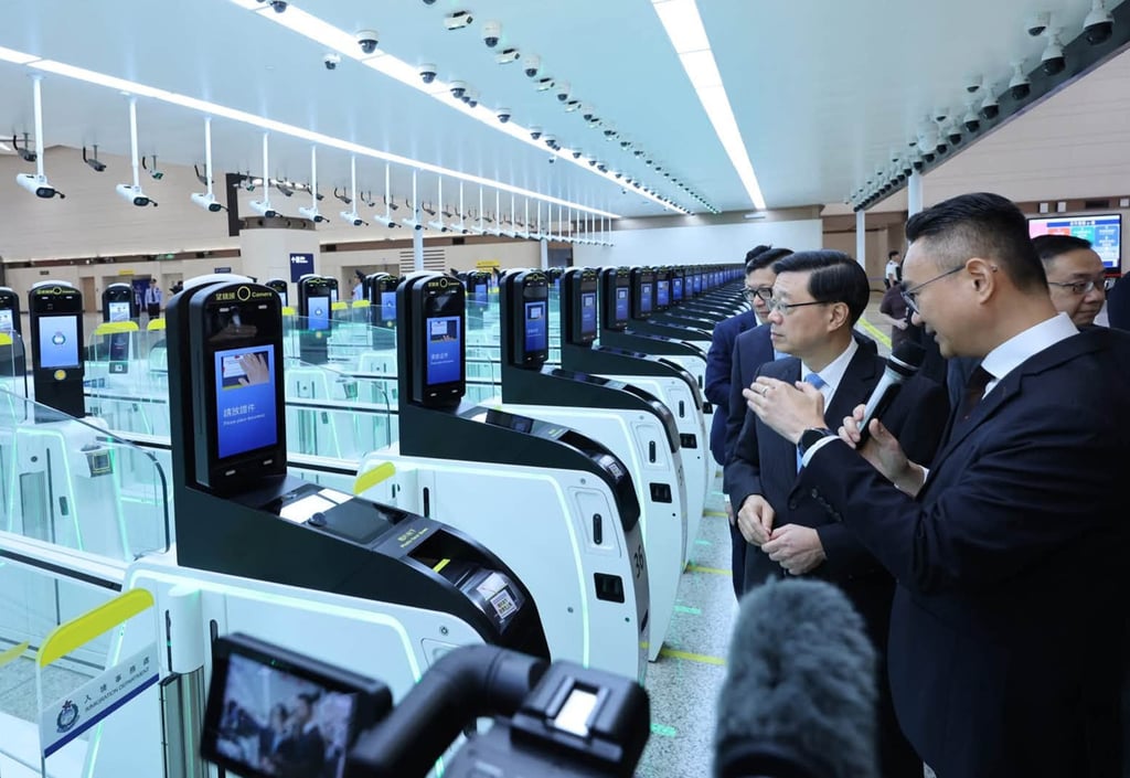 Chief Executive John Lee at Huanggang Port on the Shenzhen side. The new facility will significantly cut clearance time from around 30 minutes to about five minutes. Photo: handout