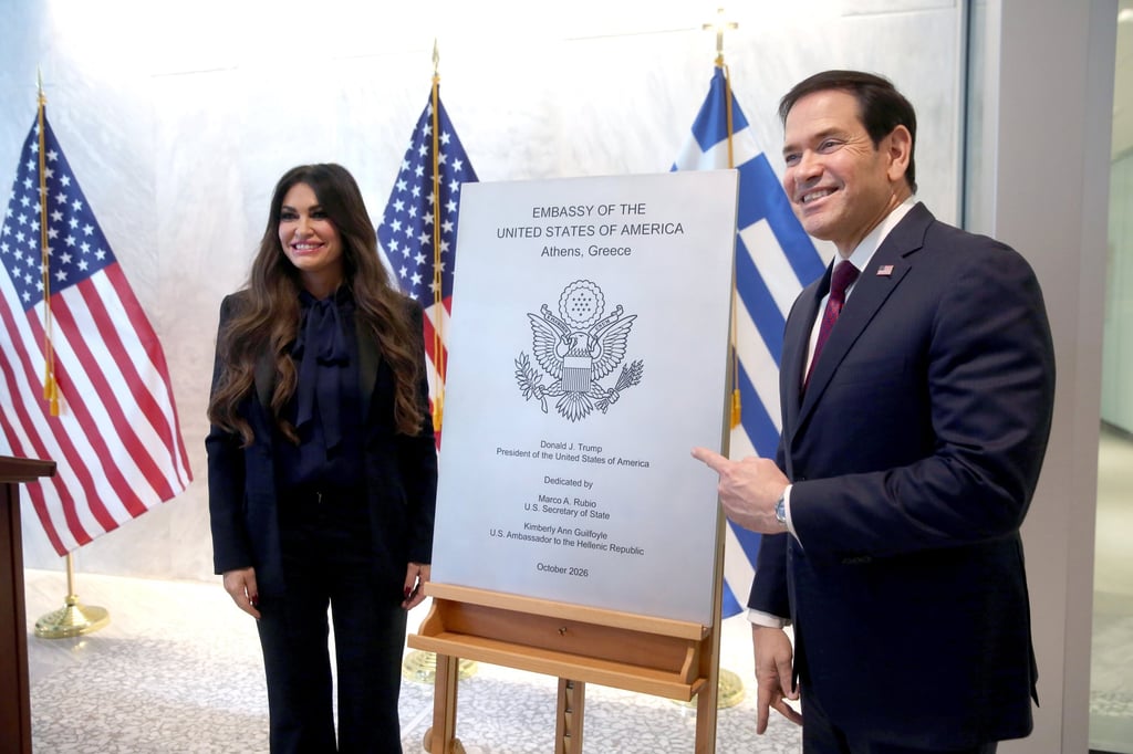 US Secretary of State Marco Rubio (right) and Guilfoyle unveil a commemorative plaque during a ceremony marking the renovation and opening of a new wing of the US embassy in Athens, Greece on Wednesday. Photo: EPA US Secretary of State Marco Rubio (right) and Guilfoyle unveil a commemorative plaque during a ceremony marking the renovation and opening of a new wing of the US embassy in Athens, Greece on Wednesday. Photo: EPA