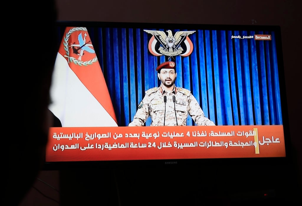 Houthi military spokesman Yahya Sarea delivers a televised statement in Sana’a, Yemen, on Sunday. Photo: EPA Houthi military spokesman Yahya Sarea delivers a televised statement in Sana’a, Yemen, on Sunday. Photo: EPA