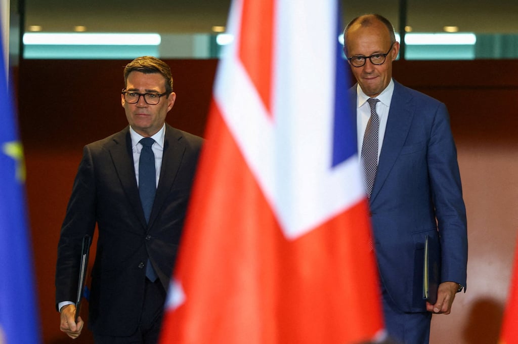 German Chancellor Friedrich Merz (right) and Burnham at the Chancellery in Berlin, Germany on Thursday. Photo: Reuters German Chancellor Friedrich Merz (right) and Burnham at the Chancellery in Berlin, Germany on Thursday. Photo: Reuters