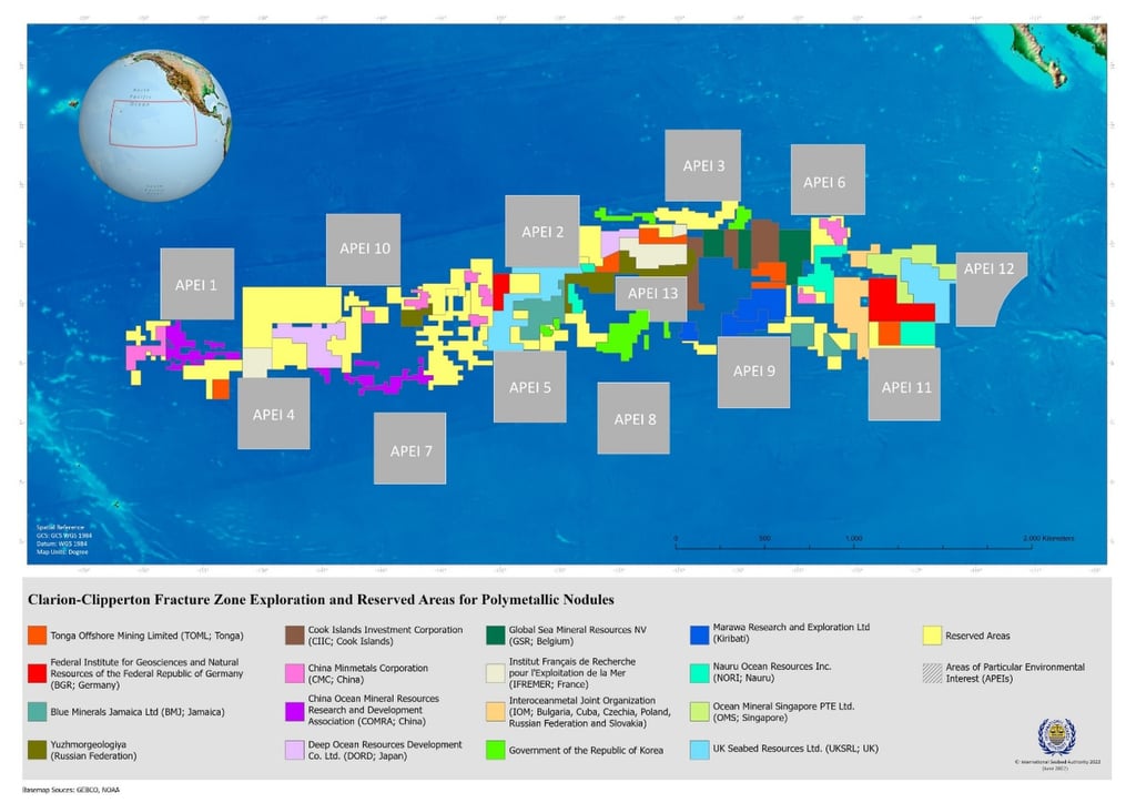 This map of the Clarion-Clipperton Zone shows which areas are covered by various exploration contracts assigned by the International Seabed Authority. Photo: Handout