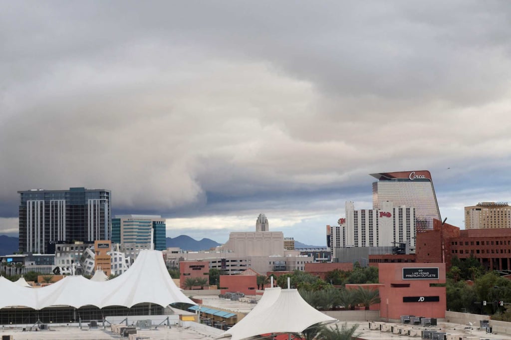Storm clouds over the Plaza Hotel & Casino, Circa Resort & Casino, and the Golden Nugget Las Vegas Hotel & Casino in Las Vegas, Nevada on Sunday. Photo: Getty Images / AFP Storm clouds over the Plaza Hotel & Casino, Circa Resort & Casino, and the Golden Nugget Las Vegas Hotel & Casino in Las Vegas, Nevada on Sunday. Photo: Getty Images / AFP