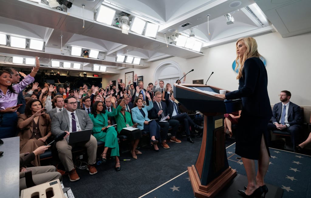 Press Secretary Katie Zacharia holds her first White House briefing in Washington on Tuesday. Photo: Reuters Press Secretary Katie Zacharia holds her first White House briefing in Washington on Tuesday. Photo: Reuters