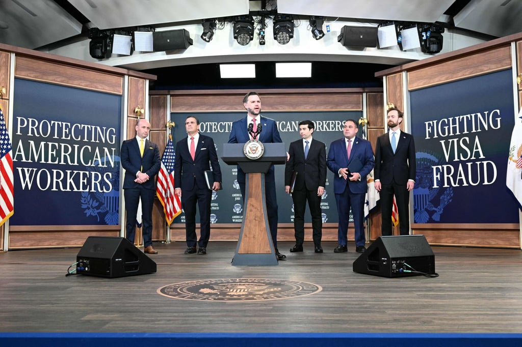 US Vice-President J.D. Vance speaks at a press conference on alleged fraud and abuse in the H-1B visa programme in Washington on October 8. Photo: AFP