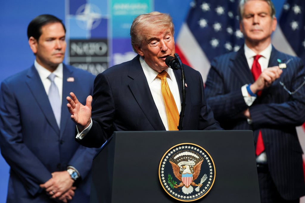 US Secretary of State Marco Rubio (left) and Treasury Secretary Scott Bessent (right) flank US President Donald Trump speaks during the Nato summit in Ankara, Turkey, on July 8. Photo: Reuters US Secretary of State Marco Rubio (left) and Treasury Secretary Scott Bessent (right) flank US President Donald Trump speaks during the Nato summit in Ankara, Turkey, on July 8. Photo: Reuters