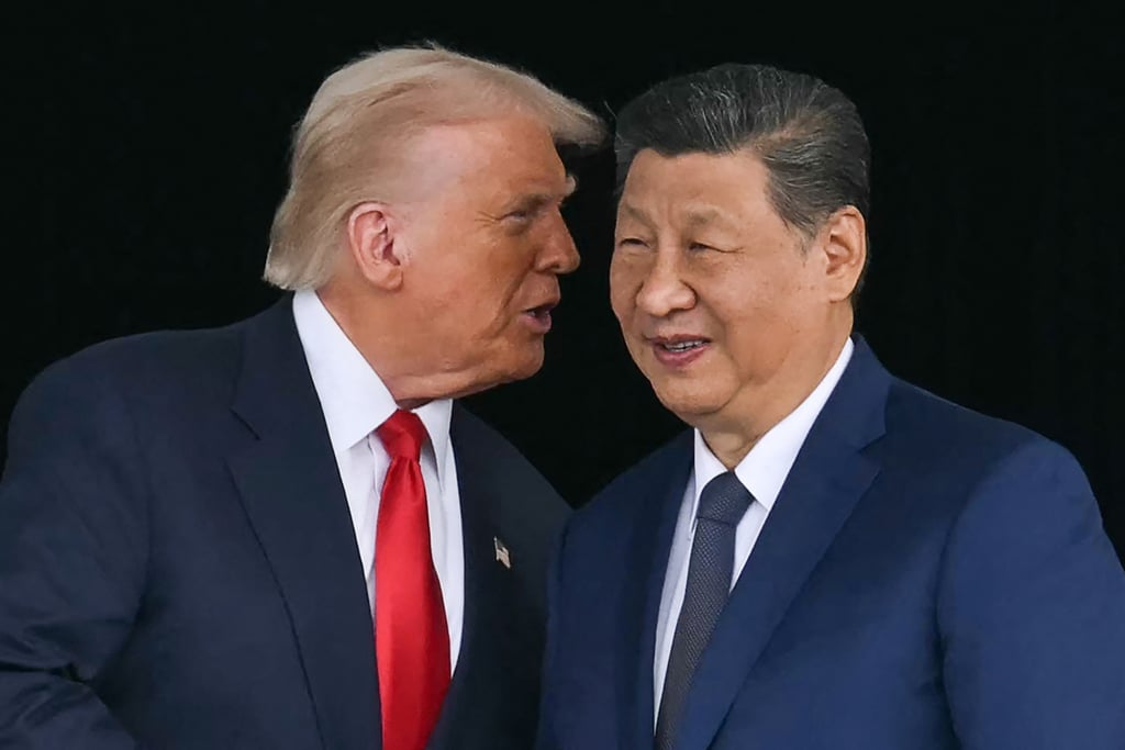 US President Donald Trump (left) talks with Chinese leader Xi Jinping at Gimhae Air Base in Busan, South Korea, on October 30, 2025. Photo: AFP/Getty Images/TNS US President Donald Trump (left) talks with Chinese leader Xi Jinping at Gimhae Air Base in Busan, South Korea, on October 30, 2025. Photo: AFP/Getty Images/TNS