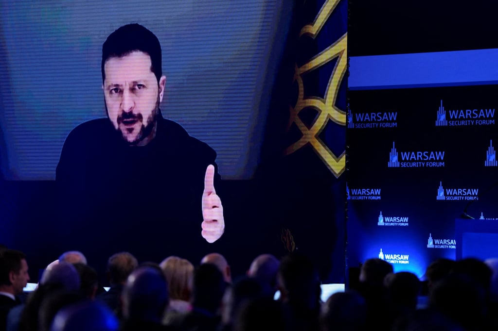 Ukraine’s President Volodymyr Zelensky on screen at the Warsaw Security Forum on Monday. Photo: Reuters Ukraine’s President Volodymyr Zelensky on screen at the Warsaw Security Forum on Monday. Photo: Reuters
