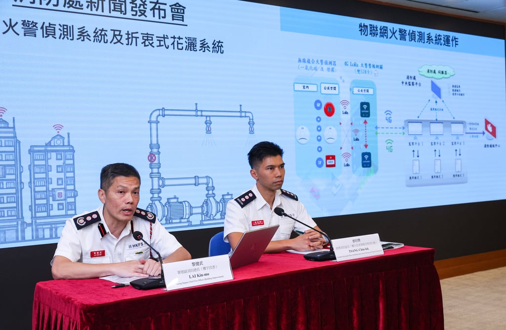 Acting deputy chief fire officer Lai Kin-mo (left) and Tsang Chiu-lok, assistant divisional officer for building improvement strategy and special operations. Photo: Edmond So