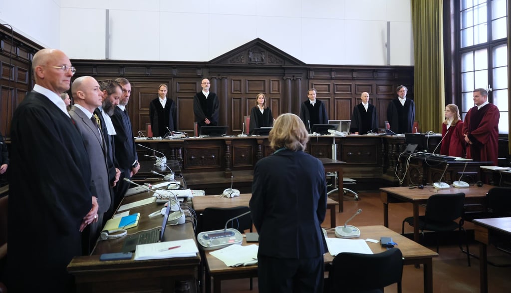 Former Ukrainian army officer Serhii Kuznetsov (second from left) attends his trial over the Nord Stream pipeline bombings in Hamburg, Germany, on Wednesday. Photo: EPA