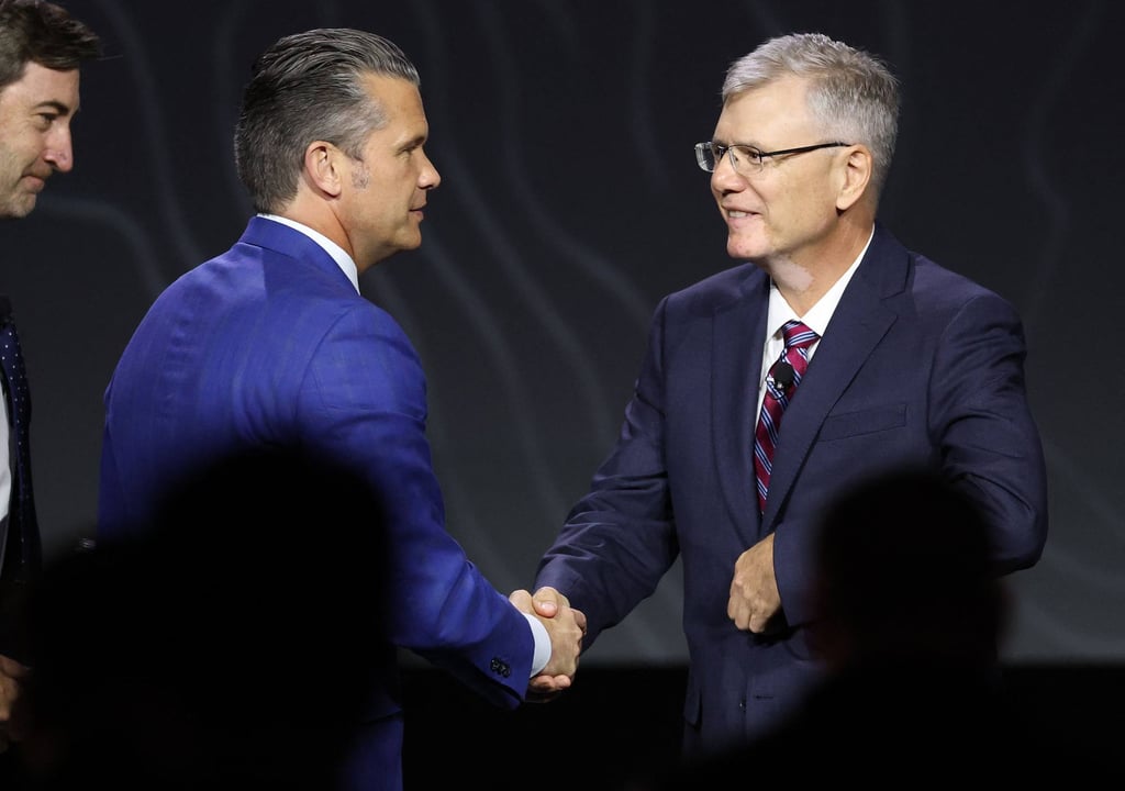 US Defence Secretary Pete Hegseth (left) greets Air Force Secretary Troy Meink after a discussion on autonomous warfare in Washington on Wednesday. Photo: Getty Images via AFP US Defence Secretary Pete Hegseth (left) greets Air Force Secretary Troy Meink after a discussion on autonomous warfare in Washington on Wednesday. Photo: Getty Images via AFP