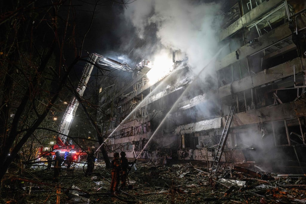 The aftermath of a Russian missile strike in Kyiv on Wednesday. Photo: AFP