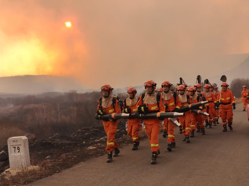 Firefighters patrol the border area in north China’s Inner Mongolia autonomous region as a grassland blaze rages on the other side. Photo: Xinhua Firefighters patrol the border area in north China’s Inner Mongolia autonomous region as a grassland blaze rages on the other side. Photo: Xinhua