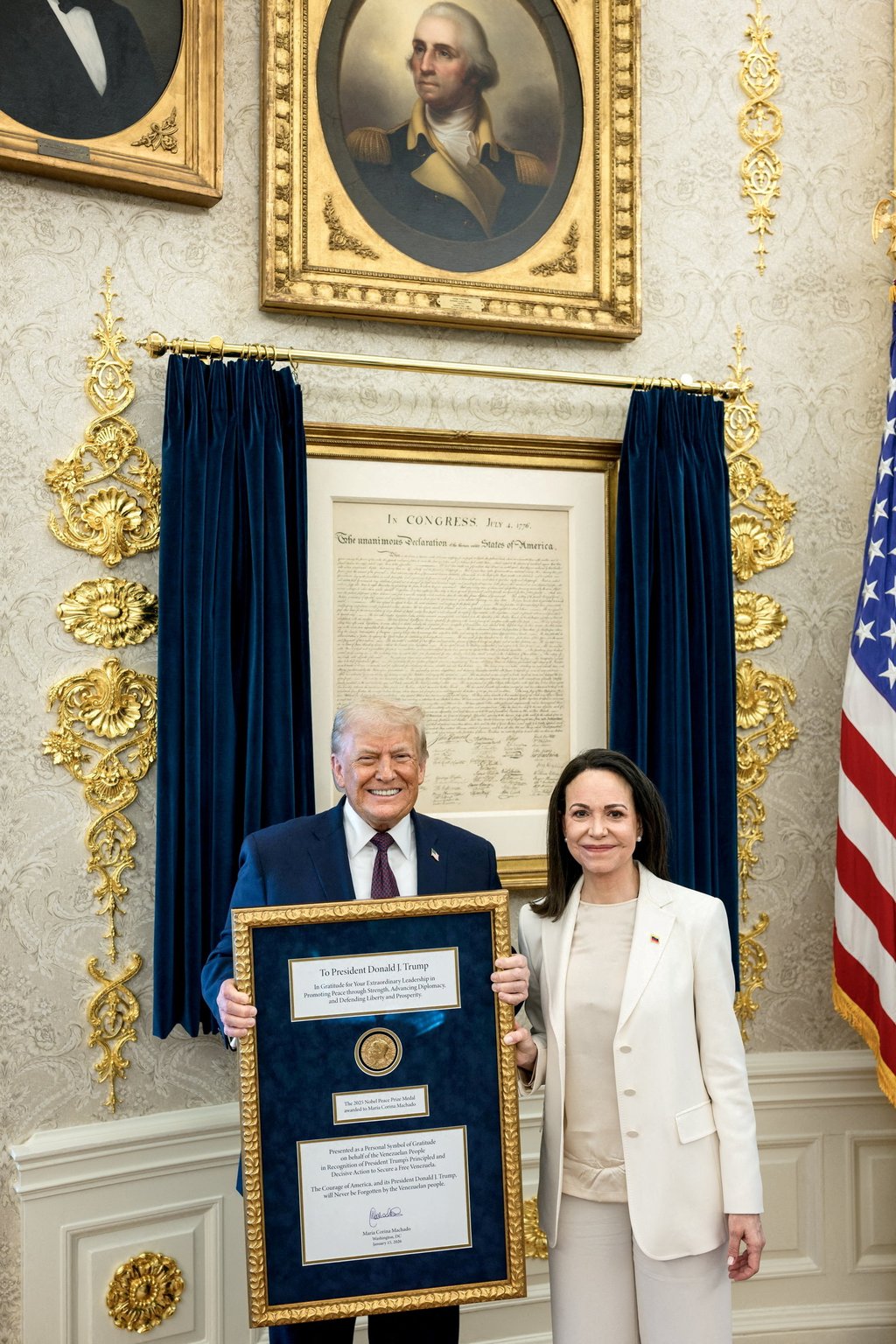 US President Trump meets with Venezuelan opposition leader Maria Corina Machado in the Oval Office of the White House in Washington on January 15. Machado presented the president with her Nobel Peace Prize. Photo: The White House/Handout via Reuters