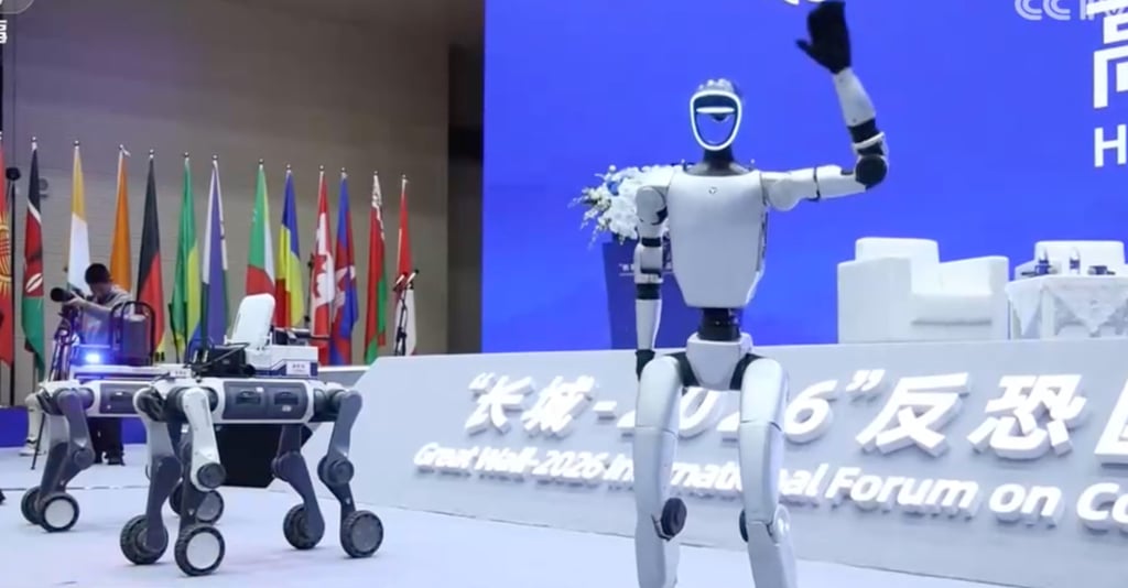 Humanoid robots and robotic dogs on display at the counterterrorism forum in Beijing. Photo: CCTV
