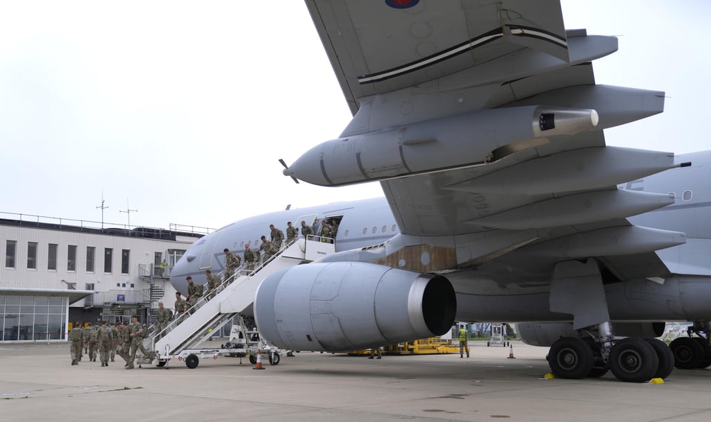 Soldiers exit from a Voyager aircraft at the Brize Norton Royal Air Force base in Oxfordshire, on August 28, 2021. Two Voyager planes were spray-painted in a June 2025 attack claimed by Palestine Action. Photo: PA Wire/dpa Soldiers exit from a Voyager aircraft at the Brize Norton Royal Air Force base in Oxfordshire, on August 28, 2021. Two Voyager planes were spray-painted in a June 2025 attack claimed by Palestine Action. Photo: PA Wire/dpa