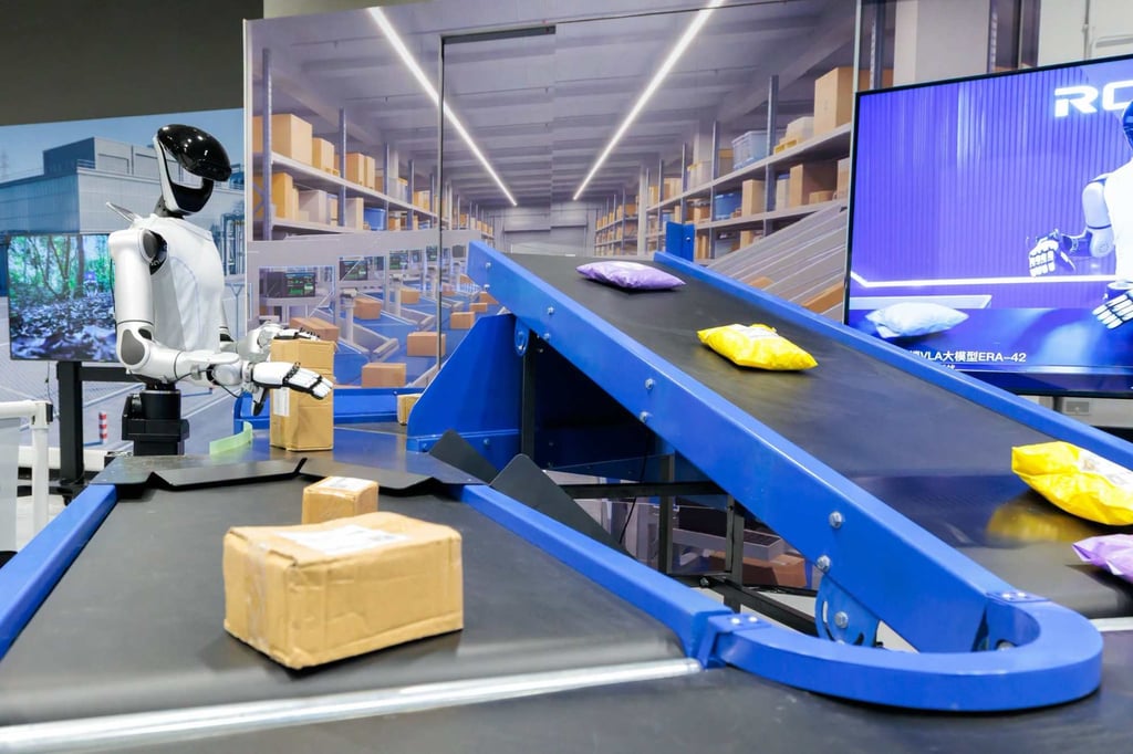 A robot sorts packages at the Hong Kong Productivity Council’s experimental hub for embodied AI applications on Thursday. Photo: Handout