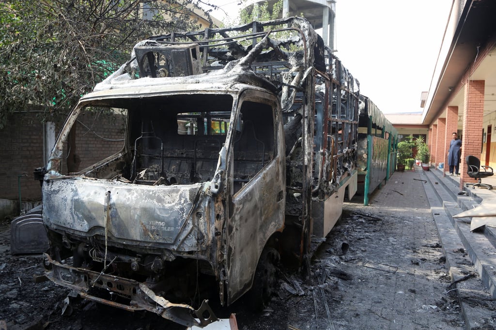 A damaged vehicle on the premises of a government office after it was vandalised by protesters, following Pakistan’s imposition of a state of emergency in Khyber Pakhtunkhwa province, on Wednesday. Photo: Reuters