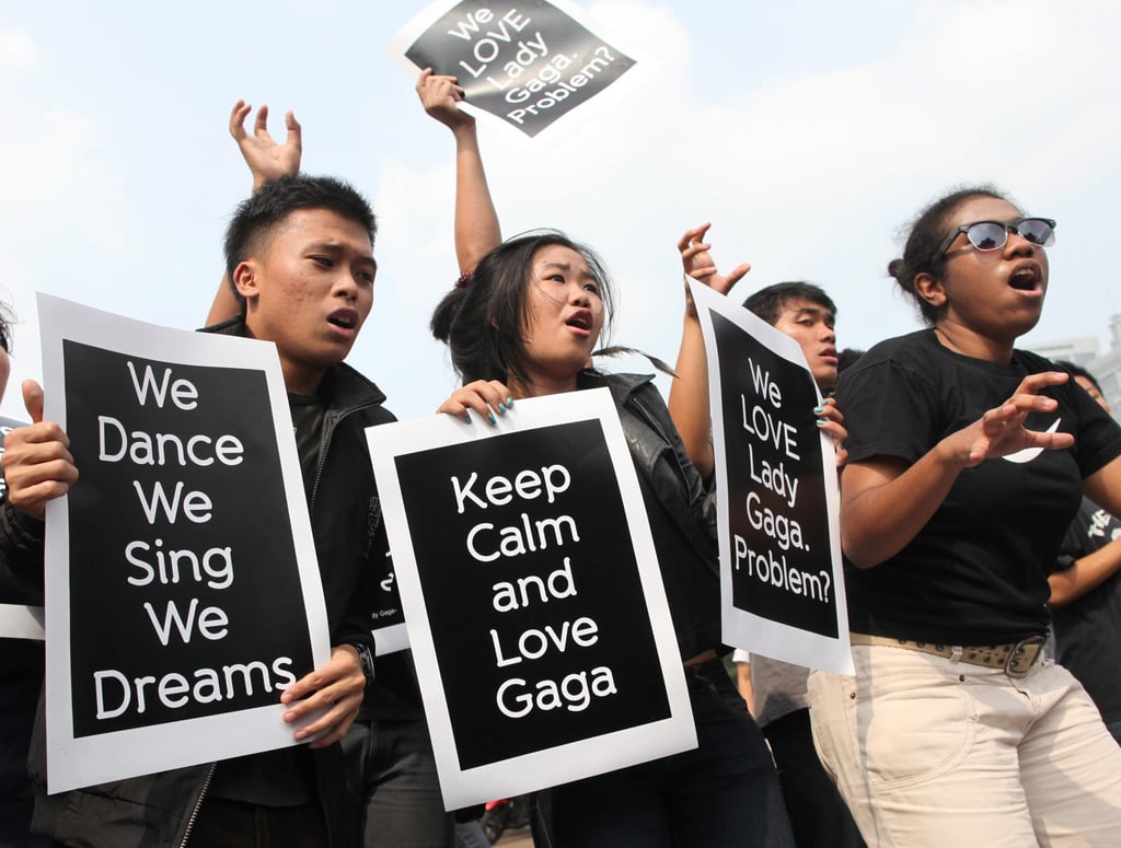 Lady Gaga fans protest outside the Presidential Palace in Jakarta, Indonesia, in June 2012. Fans gathered after the singer’s concert was cancelled following opposition from hard-line Islamic groups. Photo: EPA