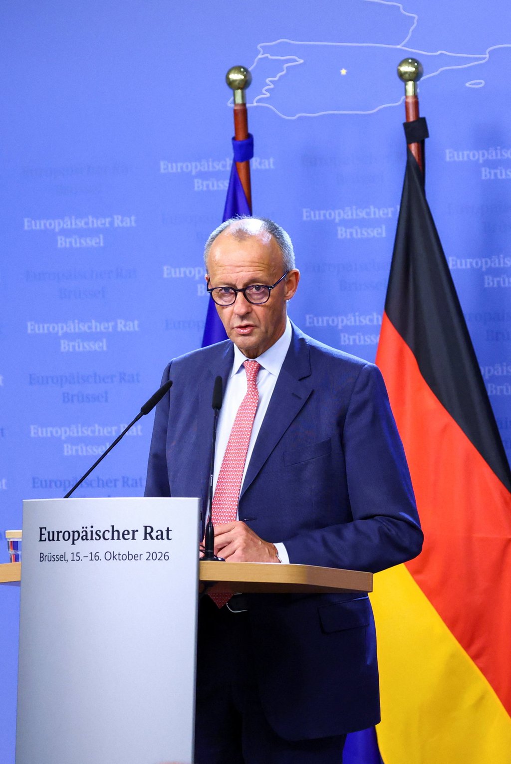 German Chancellor Friedrich Merz speaks at a news conference during an EU leaders’ summit in Brussels, Belgium, on Friday. Photo: Reuters