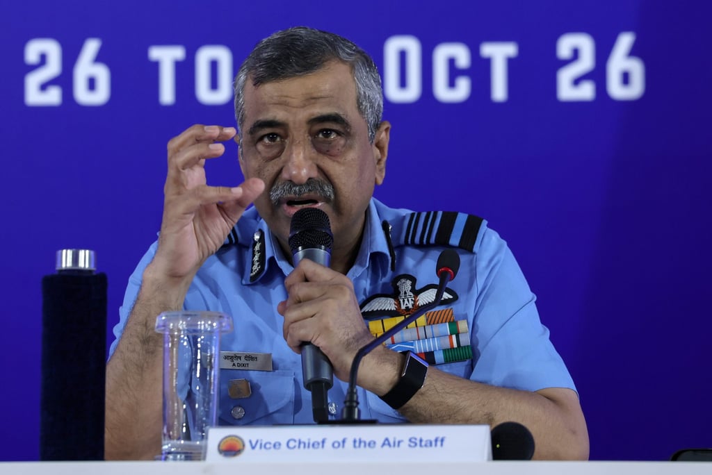 Indian Air Force Vice-Chief of the Air Staff Ashutosh Dixit addresses a press conference in New Delhi on September 22. Photo: EPA