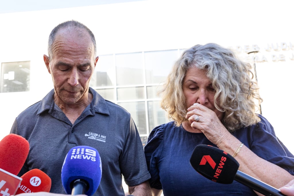 Debra and Martin Robinson, parents of Callum and Jake, give a news conference after the trial of the men accused of murdering the brothers and an American friend in Ensenada, Mexico, on October 9. Photo: AP