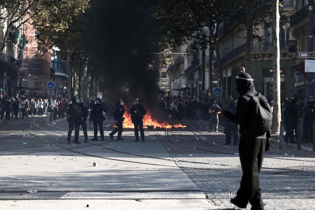 French Republican Security Corps hold protective shields in Marseille, southern France, on Saturday. Photo: AFP French Republican Security Corps hold protective shields in Marseille, southern France, on Saturday. Photo: AFP