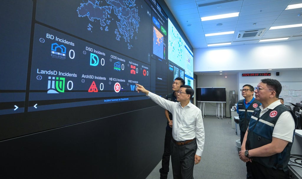 Chief Executive John Lee (left) inspects emergency monitoring and operations ahead of Super Typhoon Ragasa on September 22, alongside Chief Secretary Eric Chan (right), and Secretary for Security Tang Ping-keung (second right). Photo: Handout Chief Executive John Lee (left) inspects emergency monitoring and operations ahead of Super Typhoon Ragasa on September 22, alongside Chief Secretary Eric Chan (right), and Secretary for Security Tang Ping-keung (second right). Photo: Handout