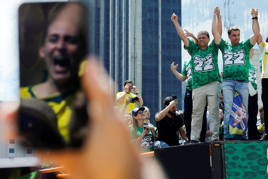 Brazilian senator and presidential candidate Flavio Bolsonaro and Sao Paulo Governor Tarcisio de Freitas at a rally in Sao Paulo. Photo: Reuters